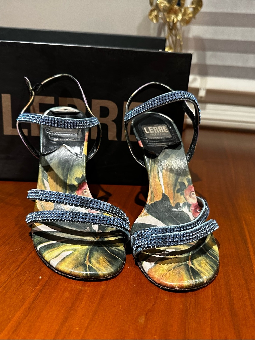 Lerre Made in Italy Blue Crystal Floral Strappy Heels Size 8.5